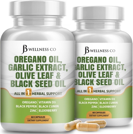 [BRSRAFQ6DJYAIDLF] JB Wellness Oregano Oil, Garlic Extract, Olive Leaf, with Astragalus - Immune Support & Digestive Health Supplement for Women and Men - 120 Count