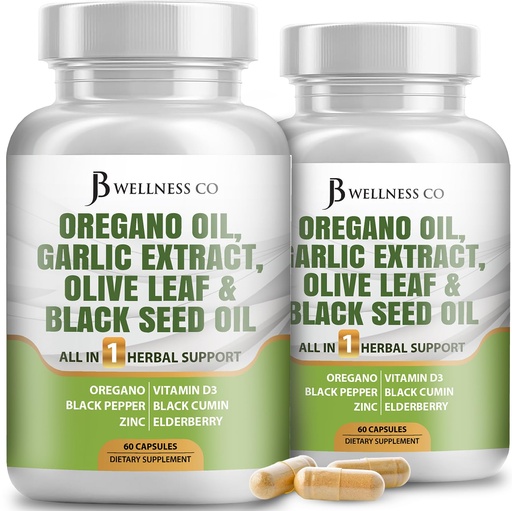 [BRSRAFQ6DJYAIDLF] JB Wellness Oregano Oil, Garlic Extract, Olive Leaf, with Astragalus - Immune Support & Digestive Health Supplement for Women and Men - 120 Count
