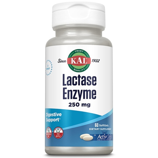 [BRSWIYQHDFYA4ADU] KAL Lactase Enzyme 250 mg, Healthy Digestion Support for Lactose Intolerance, Liquid-Filled ActivGels Made Without Soy, 250 FCC Units, 30 Servings, 60 SoftGels