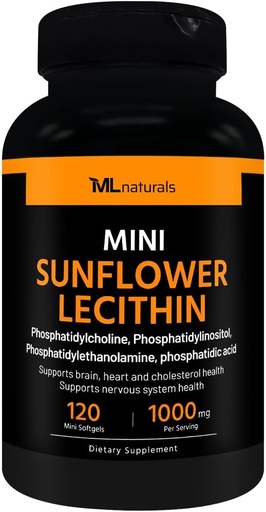 [BRSRAZDYOFYQ4HLK] ML Naturals Mini Sunflower Lecithin 1000 mg 120 Softgels, Let at synke, understøtter hjerne sundhed. Non- GMO, NSF- Certified & cGMP- Compliant