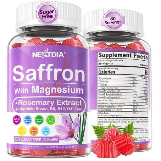 [BRSROAT3AB4BE3I7] Nextdia Saffron with Magnesium Glycinate Gummies, 2 Months Supply -Sugar Free Magnesium 400/200mg w/Saffron,Rhodiola,Rosemary, B6,B12,D3 for S-leep, Calm,Focus, Relax, Nerve, Melatonin Free Gummies