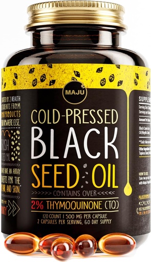 [BRSW2EAQCQCQEYD7] Maju Superfoods Black Seed Oil Capsules, Strong Cold Pressed, 2% Thymoquinone, 100% Turkish Black Cumin Nigella Sativa Seed Oil, Organic BSO, Flydende Blackseed, 120 Greve, 500mg per kapsel
