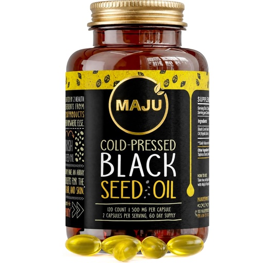 [BRSW2EAQCQCQEYD7] Maju Superfoods Black Seed Oil Capsules, Strong Cold Pressed, 3X Thymoquinone, 100% Turkish Black Cumin Nigella Sativa Seed Oil, Organic BSO, Liquid Blackseed, 120 Count, 500mg per Capsule