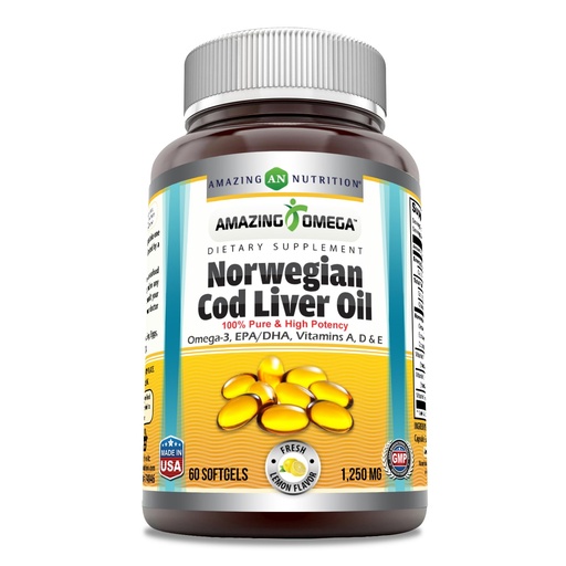 [BRSRAAQDBMJQICLV] Amazing Omega Norwegian Cod Liver Oil 1250 Mg Softgels Supplement | Omega-3, EPA, DHA, Vitamin A, Vitamin D & Vitamin E (Lemon | 60 Count)