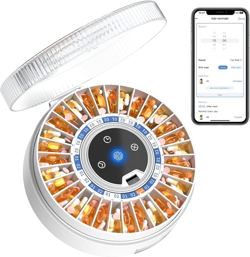 [BRSROAIQAAFGEDLO] Zoksi Premium 31-Slot Automatic Pill Dispenser with Fingerprint & Key Lock, Smart Medication Organizer with Alarm & Light, Electronic Pill Organizer for Elderly & Forgetfulness