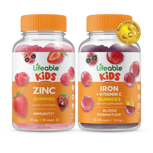 [BRSW2H36AQBQ2EIY] Lifeable Zinc Kids + Iron & Vitamin C Kids, Gummies Bundle - Great Tasting, Vitamin Supplement, Gluten Free, GMO Free, Chewable Gummy