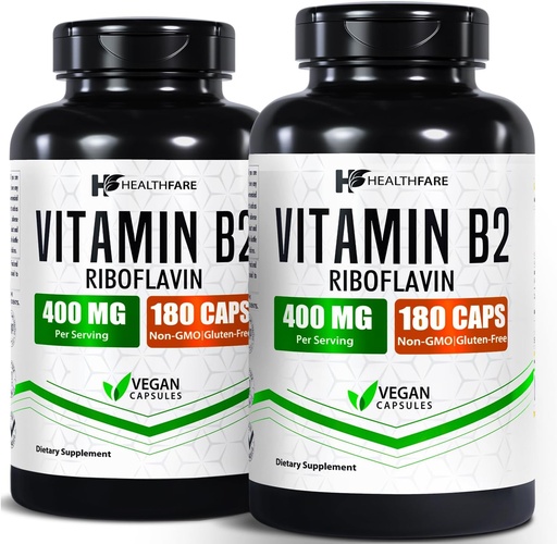 [BRSROBD3CN6GEDTF] Healthfare Vitamin B2 Riboflavin 400 mg | Pack of 2 | 180 Veg Capsules Each | Supplement | Gluten-Free | Non-GMO