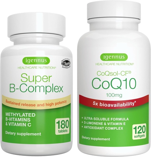 [BRSROHY3OAGWCGYU] Super B-complex 180 tabletten + High Absorptie CoQ10 100mg 120 Softgels Energy Bundle, Methylated Sustained Release B Complex + CoQ10 met Vitamine E & D-Limonene, door Igennus