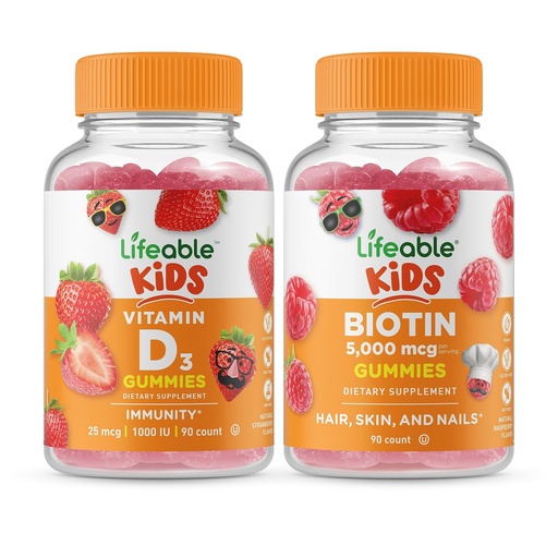 [BRSRMYIZCIMBEYLB] Lifeable Vitamin D Kids + Biotin Kids, Gummies Bundle - Great Tasting, Vitamin Supplement, Gluten Free, GMO Free, Chewable Gummy
