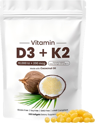 [BRSRA23YDF7RM2DZ] Naturespeak Vitamin D3 K2 10000 IU, 2-in-1 Coconut Oil Softgels with 10000 IU VIT D3 + 200 MCG Vitamin K2 for Bone, Immune & Heart Support | Easy to Swallow, Non-GMO, 300 Softgels