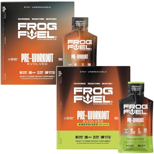 [BRSROAL3OV7BYDLL] Frog Fuel Ultra & Ultra Energized Pre Workout Shot Bundle med 1500mg Beta Alanine, Electrolytes 8g Protein Nano-Hydrolyzed Grass Fed Collagen, 10g Carbs, Berry, 1.2 oz Packets, 48 Pack