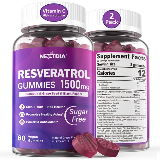 [BRSROZQZO4IWMDQ6] Resveratrol Supplement 1500mg - Resveratrol Gummies Supports NAD⁺, NMN & NMNH Synergy, with Quercetin, Grape Seed, Acai Berries Extracts for Antioxidant, Healthy Aging & longevity, Skin, Brain - 2Pcs