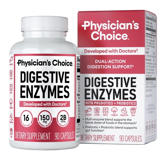 [BRSROZL4AF7WO2TL] Physician's CHOICE Digestive Enzymes for Bloating & Digestion - 16 Enzymes with Organic Prebiotics & Probiotics for Gut & Digestive Health - Meal Time Discomfort Relief - Dual Action Support - 90 CT