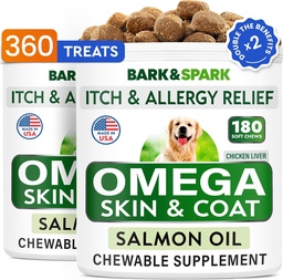 BARK&SPARK (Pack of 2 Omega 3 for Dogs - 360 Fish Oil Chews for Dog Shedding, Skin Allergy, Itch Relief, Hot Spots Treatment - Joint Health - Skin & Coat Supplement - EPA&DHA Fatty Acids