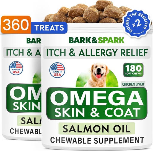 [BRSRAEIKAEFAGCTZ] BARK&SPARK (Pack of 2 Omega 3 for Dogs - 360 Fish Oil Chews for Dog Shedding, Skin Allergy, Itch Relief, Hot Spots Treatment - Joint Health - Skin & Coat Supplement - EPA&DHA Fatty Acids