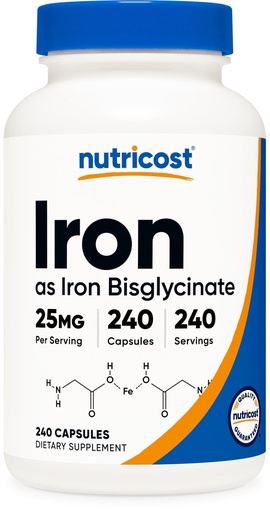 [BRSROBACOZ6GE3YY] Nutricost Iron Bisglycinate Supplement (25mg) 240 Capsules, Gentle Iron | From Ferrous Bisglycinate Chelate, GMO-Free & Gluten-Free