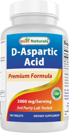 [BRSW2BL6BYBBYFLA] Best Naturals D Aspartic Acid (DAA) 3000mg por Serving - Non-GMO & Gluten Free - 180 Tablets