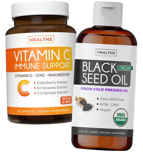 [BRSROZARB4BB6EQZ] Bundle of Black Seed Oil Liquid & Vitamin C - Immune Fusion Booster Pack - Organic Black Seed Oil Liquid (8fl oz) Premium Cold-Pressed Nigella Sativa & Vitamin C Immune Support (Non-GMO)(60 Capsules)
