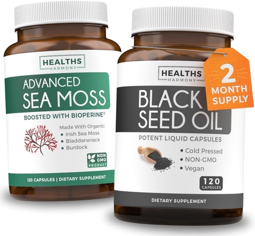 [BRSROC33OF5RAHL4] Black Seed Oil & Irish Sea Moss (2-Month Supply) - Wellness Duo Bundle of Black Seed Oil (120 Capsules) Cold-Pressed Nigella Sativa & Irish Sea Moss (120 Capsules) with Bioperine and Bladderwrack