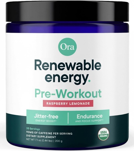 [BRSWYGANOV6RO3D2] Ora Organic Natural Pre Workout Powder - Raspberry Lemonade Flavor- Provides Jitter Free Energy, Focus, Hydration, & Endurance - Vegan, Certified Organic, Soy, Dairy, & Gluten Free, 20 Servings
