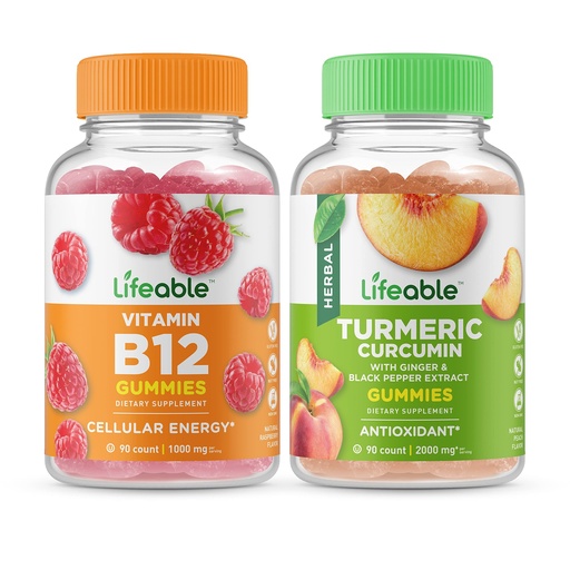 [BRSW2HQ6B4FWYDQV] Lifeable Vitamin B12 + Turmeric Curcumin, Gummies Bundle - Great Tasting, Vitamin Supplement, Gluten Free, GMO Free, Chewable