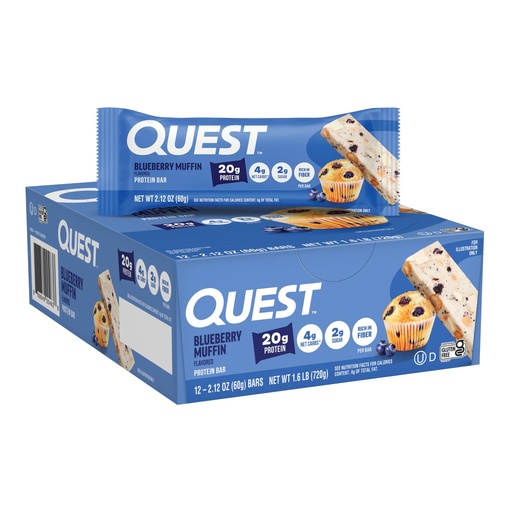 [BRSWKHQZAACRCDTU] Quest Nutrition Blueberry Muffin Protein Bars, 20g Protein, 2g Sugar, 5g Net Carb, High Fiber, Gluten Free, Keto Friendly, 12 Count