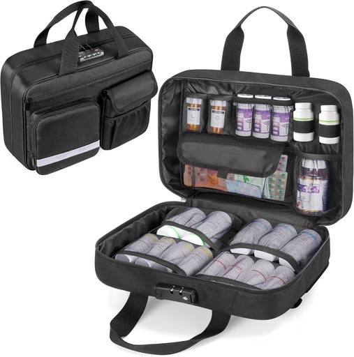[BRSRMAL2BEHGECI2] Damero Locking Pill Bottle Organizer, Medicine Storage Bag Medication Organizer Travel Carrying Case for Large Pill Bottles, Medications and Medical Supplies,Black