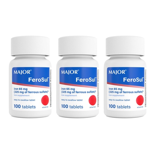 [BRSWIHL6CAOW2HAZ] Major Ferosul - Ferrous Sulfate 325mg Tablets with 65mg of Elemental Iron - Iron Supplement for Women, Men - Red - 100 Count (3 Pack)