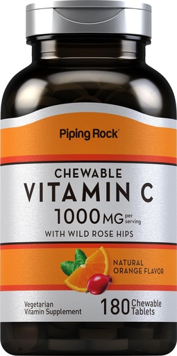 [BRSRMFQZOYBG223B] Piping Rock Vitamin C 1000mg Chewable Tablets | 180 Count | Supplement for Adults with Rose Hips | Orange Flavor | Vegetarian, Non-GMO, Gluten Free