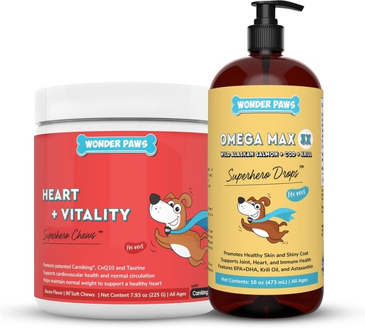 [BRSRMZAYA4IGE2YU] WONDER PAWS Heart + Vitality Superhero Chews Plus Omega Max Fish Oil - for Dogs Heart Health, Skin and Joint Care & Immune Support - Heart + Vitality 90 Chews - Omega Max 16 Ounces