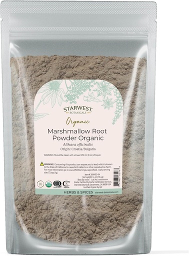 [BRSWIZQNBYHAI2DC] Starwest Botanicals Organic Marshmallow Root Powder - Dried Herb for Tea, Capsules, & Herbal Blends, Certified Kosher, Non-GMO - 4 oz Pouch