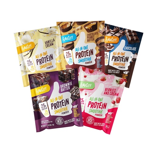 [BRSRAHYKAF5A2EL5] FlavCity All in One Protein Shake Powder Packets - On the Go Meal Alternative + 25g Protein & 10g Collagen, Made with Organic Reishi & Cordyceps Mushrooms - No Added Sugars, Variety 10 Pack