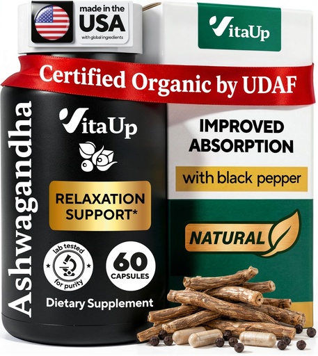 [BRSRMBQZC5YAIYD2] VitaUp Ashwagandha Capsules 1310mg with Black Pepper - USA Made Ashwagandha Supplements for Relaxation Support, Normal Cognitive Function & Balanced Energy Levels – 60 Caps