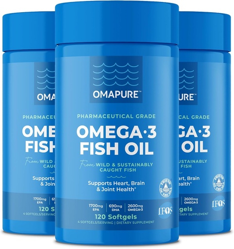 [BRSWIZTROQHGCFLC] OMAPURE Fish Oil Supplements with Omega 3 Fatty Acids (3 Bottles, 120 Softgels) - High EPA, DHA, & IFOS Fish Oil Pills Support Heart & Joint Health - Burpless Fish Oil Promotes Brain Function
