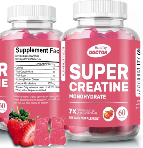 [BRSRAYYOCEJQEFA7] Super Creatine Monohydrate Gummies for men and women, Sugar-Free, 30 Servings, 5g of Creatine Per Serving, Vegan, Gluten-Free, Bodybuilding Recovery Supplement to Increase Muscle Size and Strength