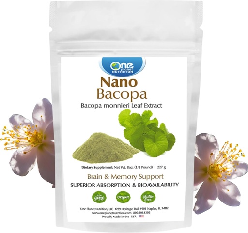 [BRSRMAA6OJYBODLU] One Planet Nutrition Nano Bacopa Powder 8 oz (227 Servings), Bacopa monnieri Extract, Nano for Easy Absorption, Enhances Memory & Focus, Excipient-Free, Non-GMO, Vegan, Gluten-Free