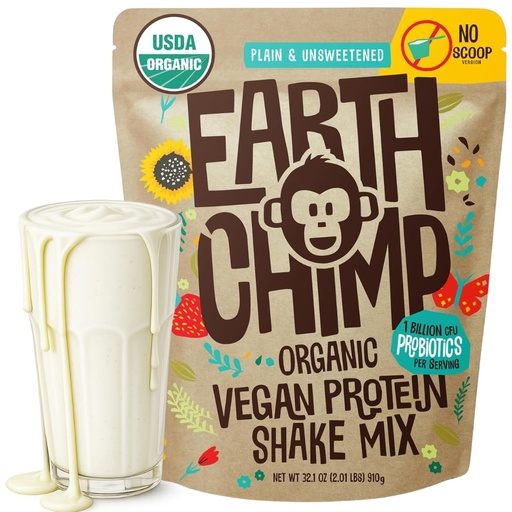 [BRSW2AL3B4NAK3LJ] EarthChimp Organic Vegan Protein Powder - with Probiotics - Non GMO, Dairy Free, Non Whey, Plant Based Protein Powder for Women and Men, Gluten Free - 26 Servings 32 Oz (Plain & Unsweetened) No Scoop