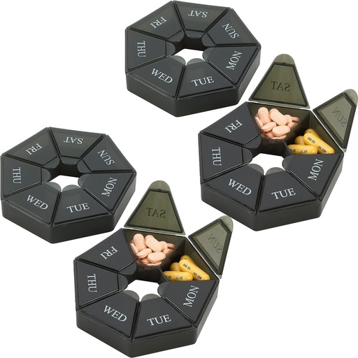 [BRSROFIPOFYAECT7] Weekly Pill Organizer - (Pack of 4) 7-Day Pill Container - Arthritis Friendly Portable & Compact Travel Case Daily Compartment Medicine Pills Box for Supplements, Medication, Vitamins and Fish Oils