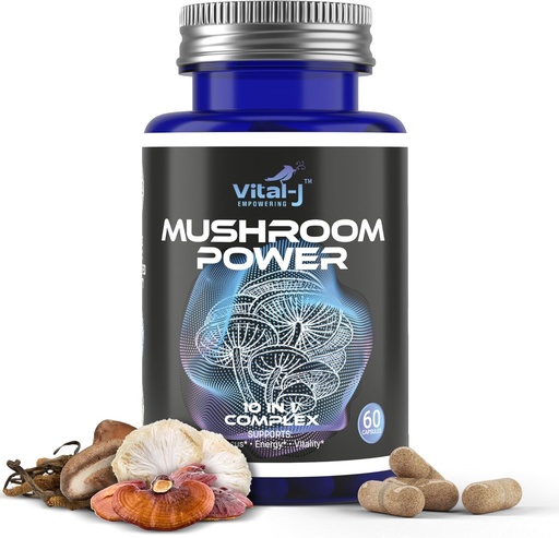 [BRSROHQ7BUPROFDL] Mushroom Power Complex 10- in-1 W / Cordyceps, Reishi, Shiitake & Lions Mane, Nootropowy suplement diety dla Gut Microbiome, Focus, Energia & Witalność - 60 Kapsułki