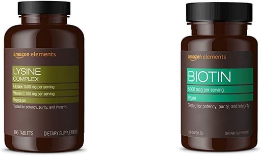 [BRSWYYI7AF5AMGY4]   Elements Lysine Complex with Vitamin C (1500 mg L-Lysine with 100 mg Vitamin C per Serving - 3 Tablets), Supports Immune Health, Vegetarian, 195 Count (Packaging may vary) and   Elements Vegan Biotin 5000 mcg - Hair, Skin, Nails, 130 Capsules (4 month supply) (Packaging may vary)