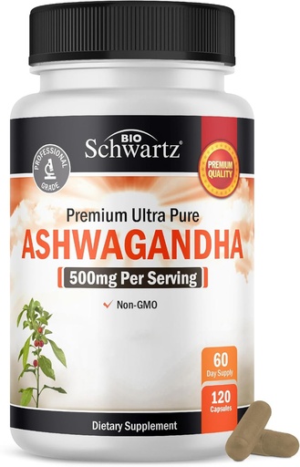 [BRSRAZY2BEBRAH3O] BioSchwartz Ashwagandha Supplements - Extra Strength Ashwagandha Capsules 500mg Per Serving - Gluten Free, Non-GMO, Made in The USA with Globally Sourced Ingredients, 60 Servings (120 Count)