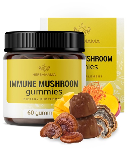 [BRSRMEIZCMGRA2Y4] HERBAMAMA Immune Support Mushroom Gummies - Multi Mushroom Blend Complex for Antioxidant Support - Vegan, Non-GMO Immunity Supplement - 60 Pectin-Based Mango-Flavored Chews