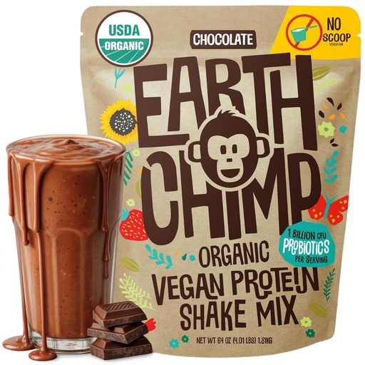 [BRSW2AL3AF6RY3A7] EarthChimp Organic Vegan Protein Powder - with Probiotics - Non GMO, Dairy Free, Non Whey, Plant Based Protein Powder for Women and Men, Gluten Free - 52 Servings 64 Oz (Chocolate) No Scoop