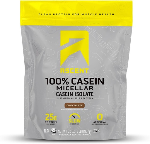[BRSWKHALDJ7AEF3P] Ascent Casein Protein Toz - Zero Sükanlar və Sweeteners ilə 25g Micellar Casein Toz, Gluten-Free, No 4.9g BCAA, 2.2g Leucine - Şokolad, 2 Pounds