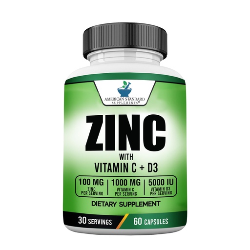 [BRSRA236A5YW23LP] American Standard Supplements Zinc 100mg, Vitamin C 1000mg, and Vitamin D3 5000 IU (125mcg) Per Serving - Gluten Free, Non-GMO, 60 Capsules, 30 Servings