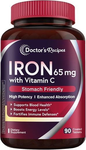[BRSRAHYECQMGGG3L] Doctor's Recipes Iron Supplement 65 mg with Vitamin C - Μεγιστοποιημένη Απορρόφηση & Στομάχι Φιλικά Χάπια σιδήρου για τα κόκκινα αιμοσφαίρια Σχηματισμός, καρδιά, εγκέφαλος και ανοσία Υγεία - Vegan Non-GMO 90 Σιδήρου δισκία