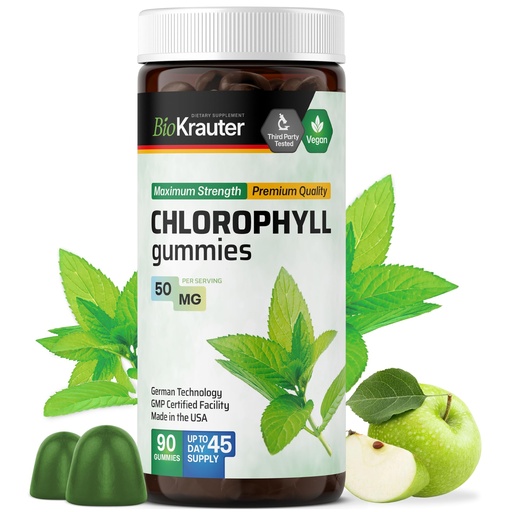[BRSRMEIBDMFRSE3G] BIO KRAUTER® Chlorophyll Gummies for Body Odor & Detox Support - Vegan Chlorophyll Supplements for Women & Men - Natural internal Deodorant - 90 Detox Gummies, 45 Days of Supply, Apple Flavor, Non-GMO