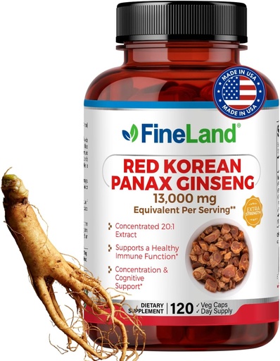 [BRSRAHYPCQIQ4ALB] FineLand Red Korean Panax Ginseng 13.000 mg - Força Máxima 20:1 Extrato - Imune concentrado & Suplemento de suporte cognitivo para homens e mulheres - 120 Cápsulas Veggie