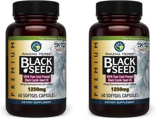 [BRSWGYAFCIAQY2YY] Amazing Herbs Premium Black Seed Oil Capsules - High Potency, Cold Pressed Nigella Sativa Aids in Digestive Health, Immune Support &quot; Brain Function - 60 count, 1250mg (Pack of 2)