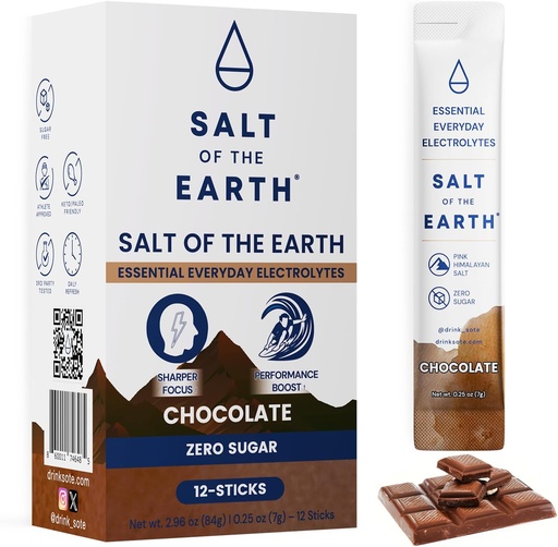 [BRSRAZY2DEJRUALJ] Salt of the Earth Premium Zero-Sugar Electrolyte - Made with Pink Himalayan Salt - Hydration Powder Packets | Premium Ingredients | Keto & Paleo Friendly | 12 Sticks, Chocolate
